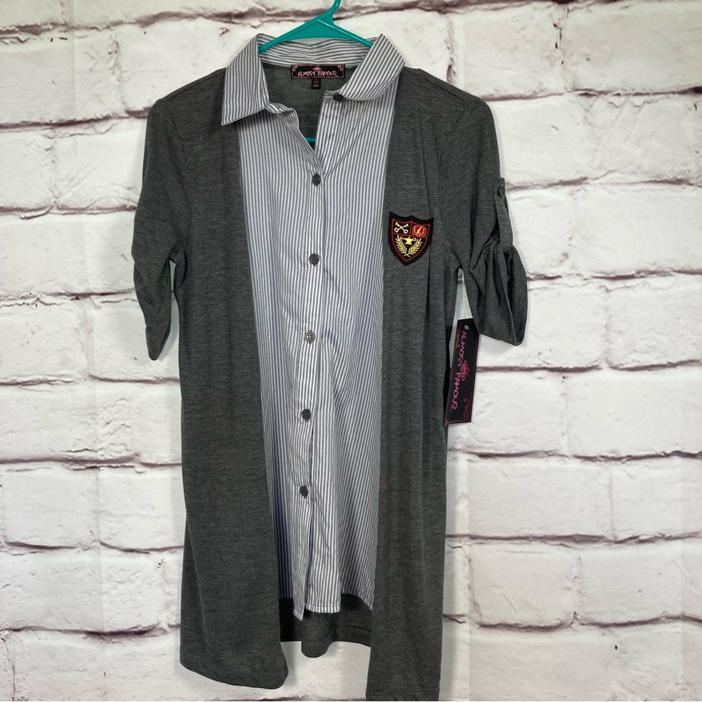 Almost Famous Girls Faux School Uniform Top SZ L  Shirt Attached Cardigan NWT